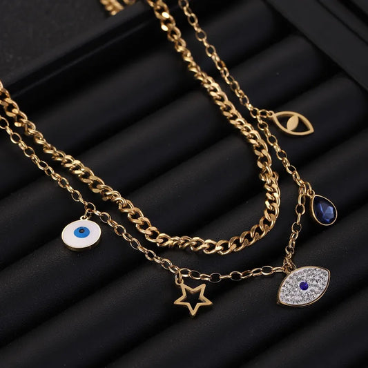 Wholesale-Jewelry-Vacation-Devil-s-Eye-Titanium-Steel-Plating-Double-Layer-Necklaces-Multi-Charms-Necklace-Cuban-Link-Chain-Curb-Chain-Cable-Chain