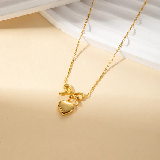 Wholesale-Jewelry-Vacation-Simple-Style-Heart-Shape-Bow-Knot-Titanium-Steel-Plating-Pendant-Necklace-Cable-Chain