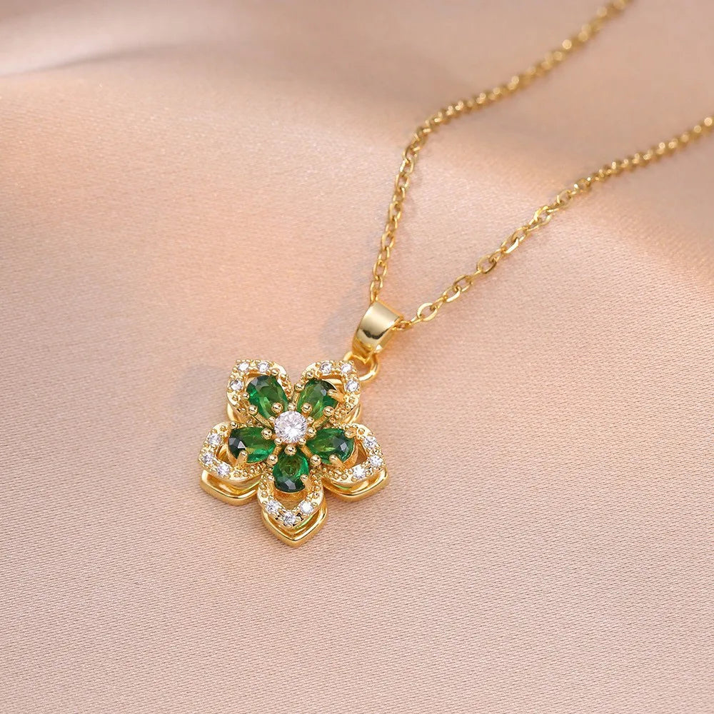 Wholesale-Jewelry-Simple-Style-Classic-Style-Geometric-Flower-Titanium-Steel-Diamond-Pendant-Necklace-cable-chain