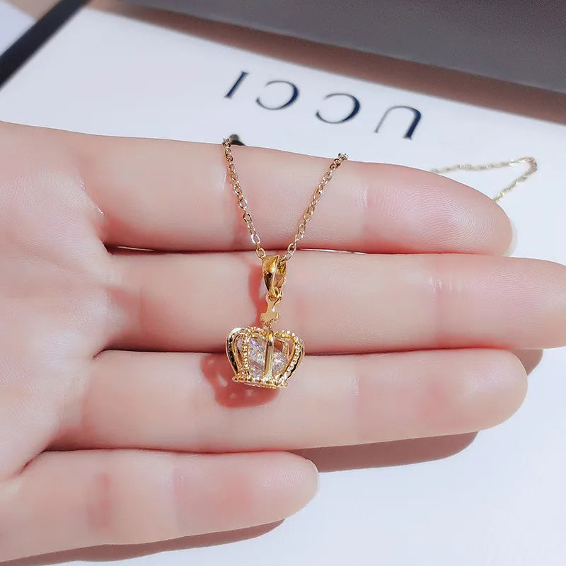 Gold King Crown Diamond Pendant Necklace with sparkling zircon stones on a delicate chain
