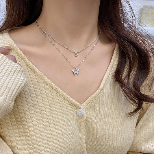 Gold plated butterfly double layered necklace with rhinestones – stainless steel tarnish free jewellery for women India”
