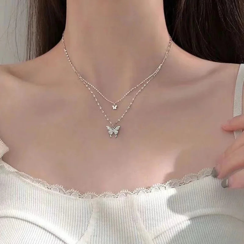 Woman wearing butterfly double layered necklace – stylish stainless steel waterproof jewellery India