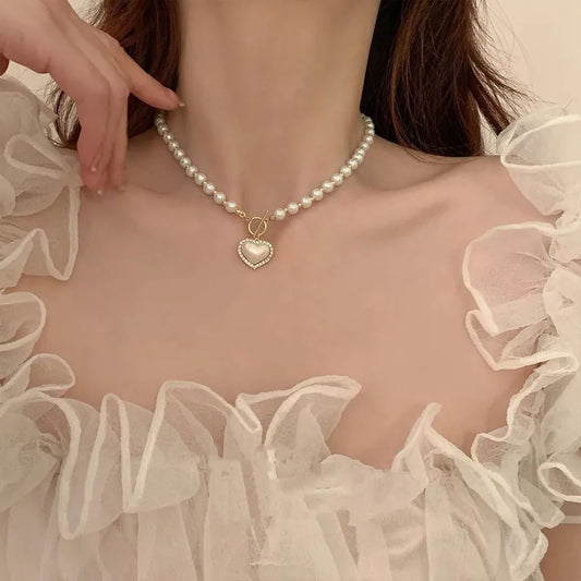 Elegant-Heart-Shape-Imitation-Pearl-Alloy-Beaded-Plating-Inlay-Rhinestones-Pearl-Women-s-Pendant-Necklace