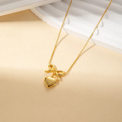Wholesale-Jewelry-Vacation-Simple-Style-Heart-Shape-Bow-Knot-Titanium-Steel-Plating-Pendant-Necklace-Cable-Chain