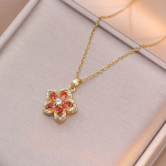 Wholesale-Jewelry-Simple-Style-Classic-Style-Geometric-Flower-Titanium-Steel-Diamond-Cable-Chain-Pendant-Necklace-9999