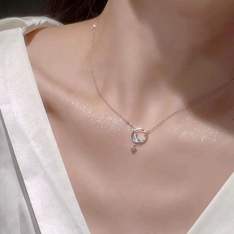 Star Moon Necklace – Gold Plated Pendant with Rhinestones for Women | Ehvajwellery”