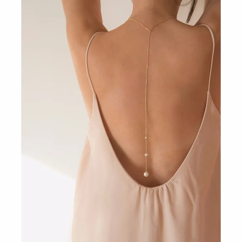 Pearl back chain necklace – gold plated Y-necklace with imitation pearls for women India