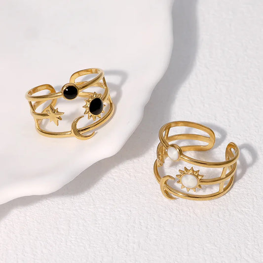 Stylish dainty ring – sun moon star design adjustable gold plated stainless steel jewellery India
