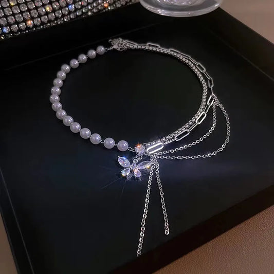 Pearl butterfly choker necklace with layered chain tassel design – stylish statement jewellery India