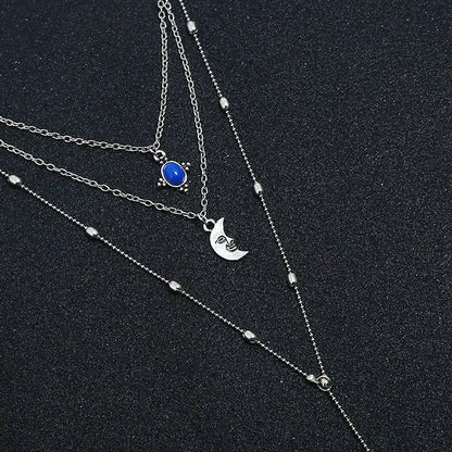 Blue stone necklace triple layered moon pendant with alloy silver plated chain India