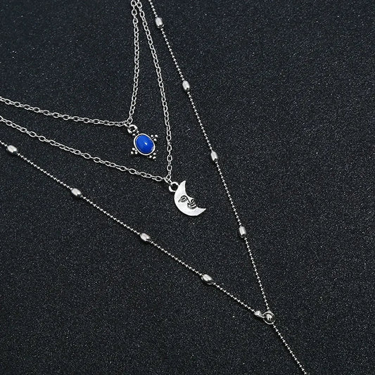 Blue stone necklace triple layered moon pendant with alloy silver plated chain India