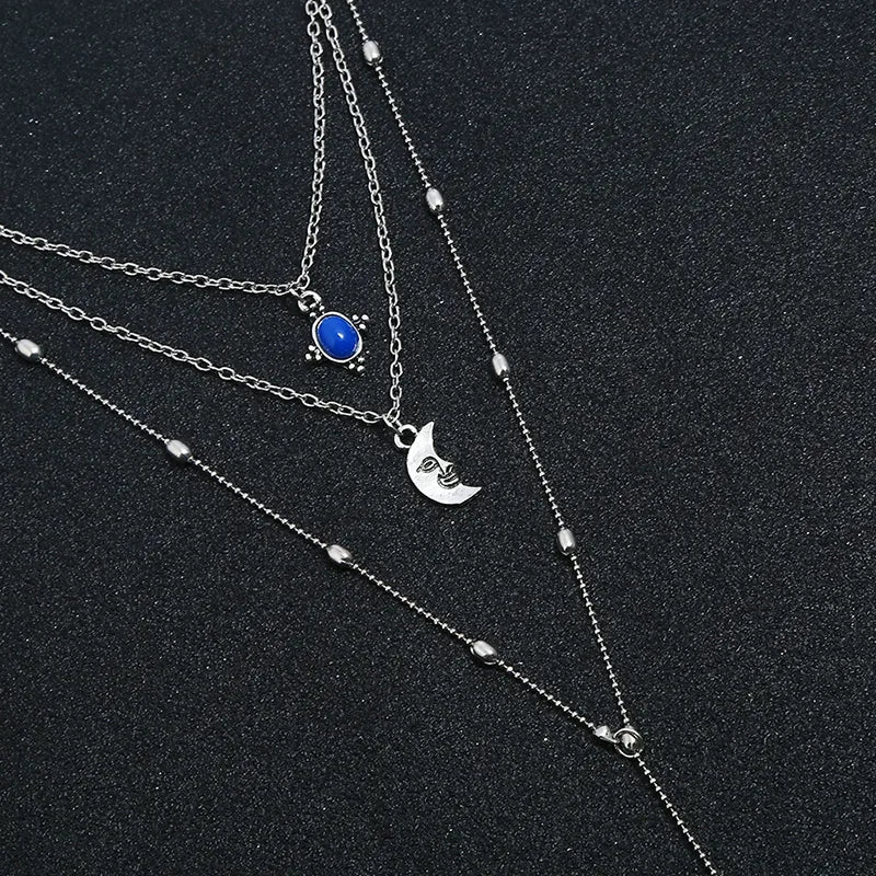 Blue stone necklace triple layered moon pendant with alloy silver plated chain India