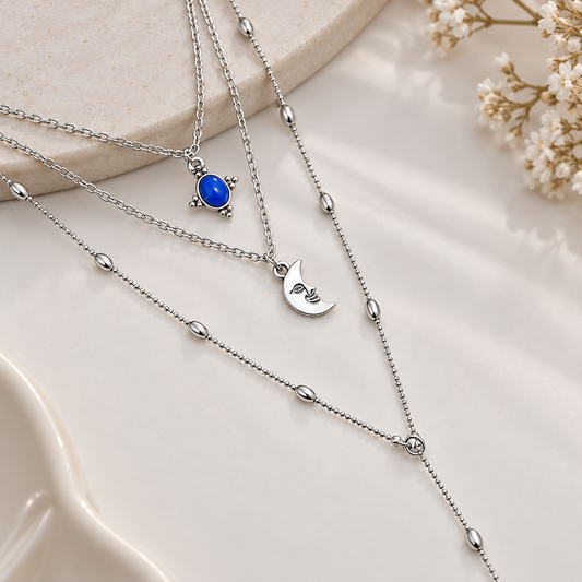 Blue Stone Necklace Triple Layered Moon Pendant