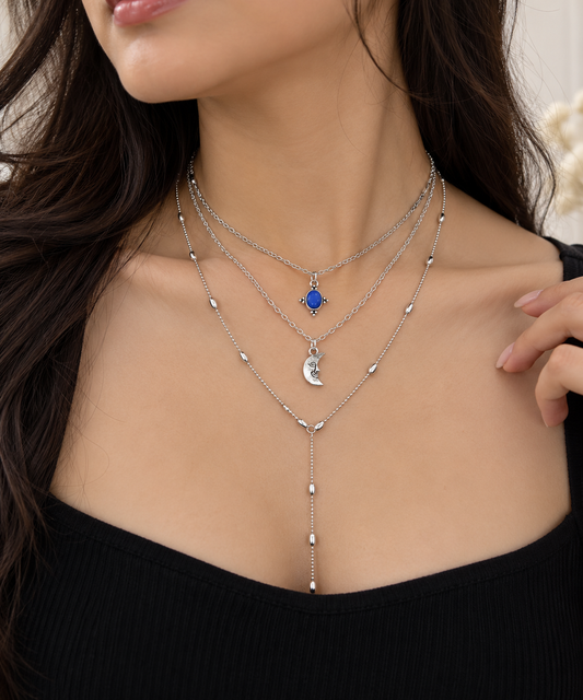 Blue Stone Necklace Triple Layered Moon Pendant