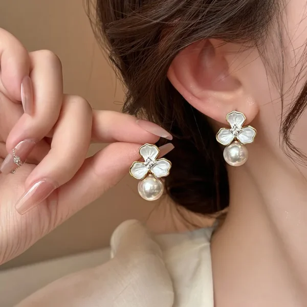 Flower Pearl Drop Earrings - Image 3