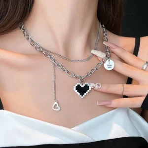 Twin Mosaic Love Necklace with dual heart pendants in stainless steel layered design