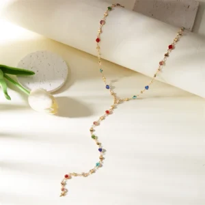 Multicolor beaded Y necklace with alloy gold plated chain and colorful beads India