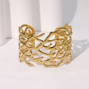 Gold Geometric Bracelet with abstract openwork design and wide cuff style
