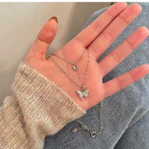 Gold plated butterfly double layered necklace with rhinestones – main product image, stainless steel jewellery India