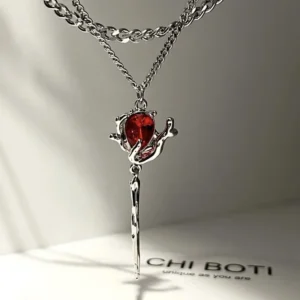 Red Rose Silver Necklace featuring a dual-layer chain with red crystal rose pendant