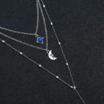 Blue Stone Necklace Triple Layered Moon Pendant