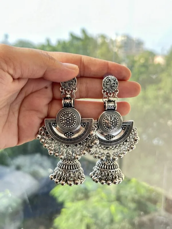 Silver Oxidised Embellished Jhumka Earrings for Women and Girls - Image 2