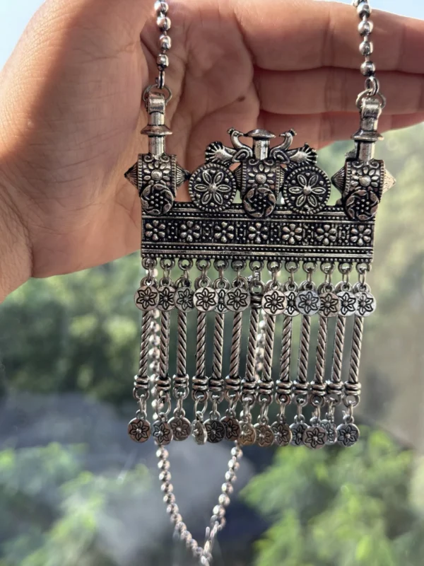 Traditional Antique Oxidised Gold Ethnic Big Pendant with Chain Necklace - Image 2